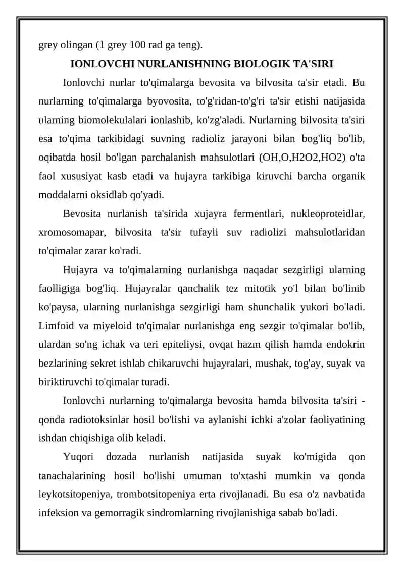 Ionlovchi nurlar, TINCHIK DAVRIDA  RADIATSION ZARARLANISH 2
