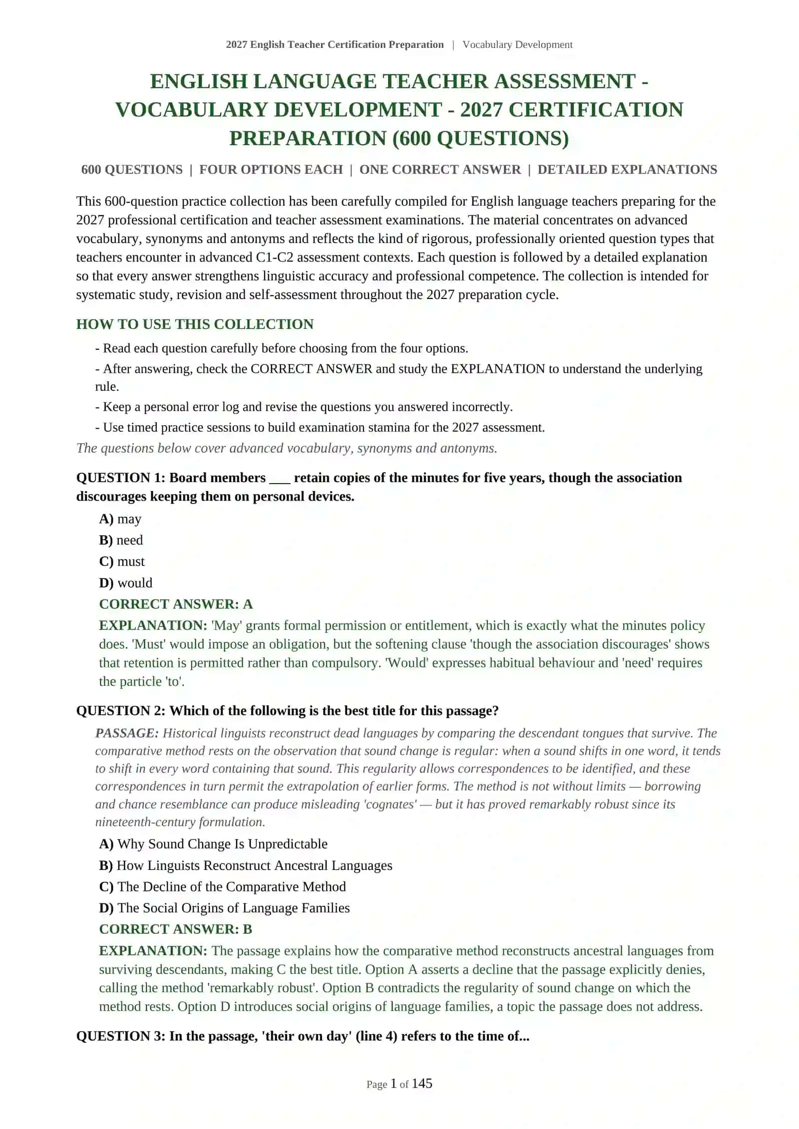 ENGLISH LANGUAGE TEACHER ASSESSMENT - VOCABULARY DEVELOPMENT - 2027 CERTIFICATION PREPARATION 2