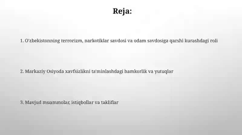 Markaziy Osiyoda terrorizm, giyohvandlik odam savdosiga kurashda O‘zbekiston Respublikasi 2