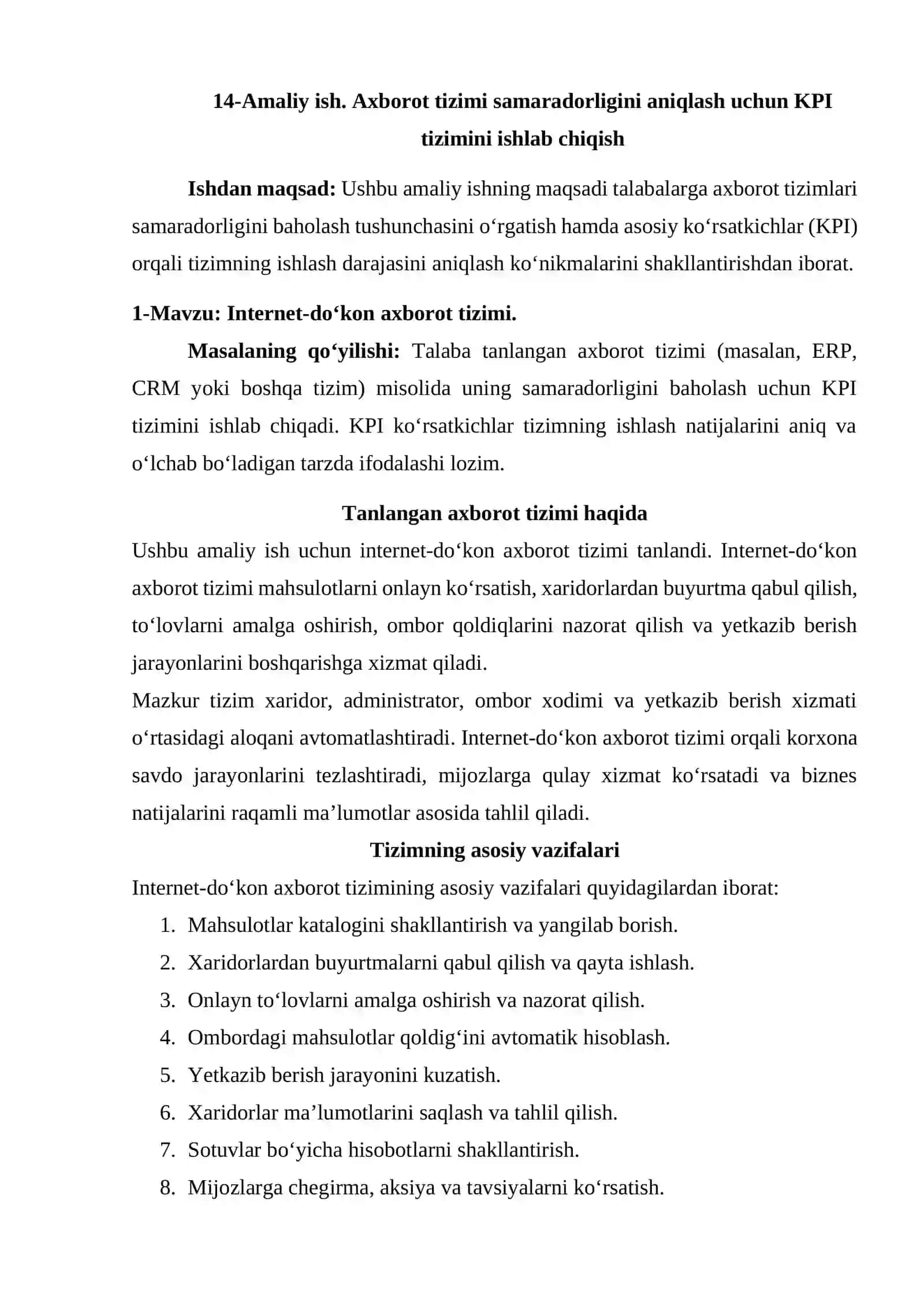 Axborot tizimi samaradorligini aniqlash uchun KPI tizimini ishlab chiqish 2