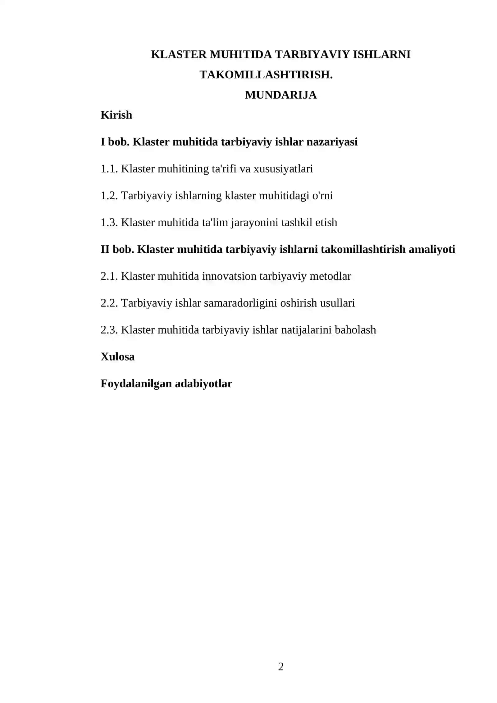 Klaster muhitida tarbiyaviy ishlarni takomillashtirish kurs ishi 2