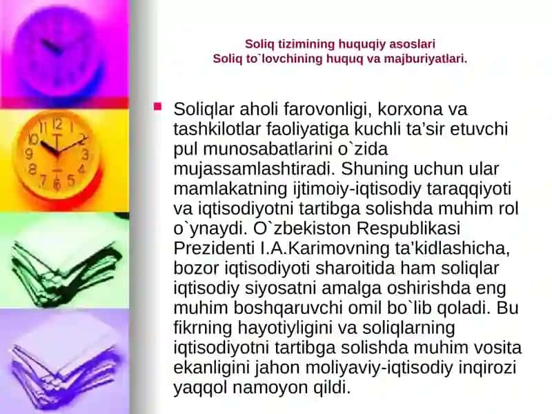 Soliq tizimining huquqiy asoslari Soliq to`lovchining huquq va majburiyatlari 2