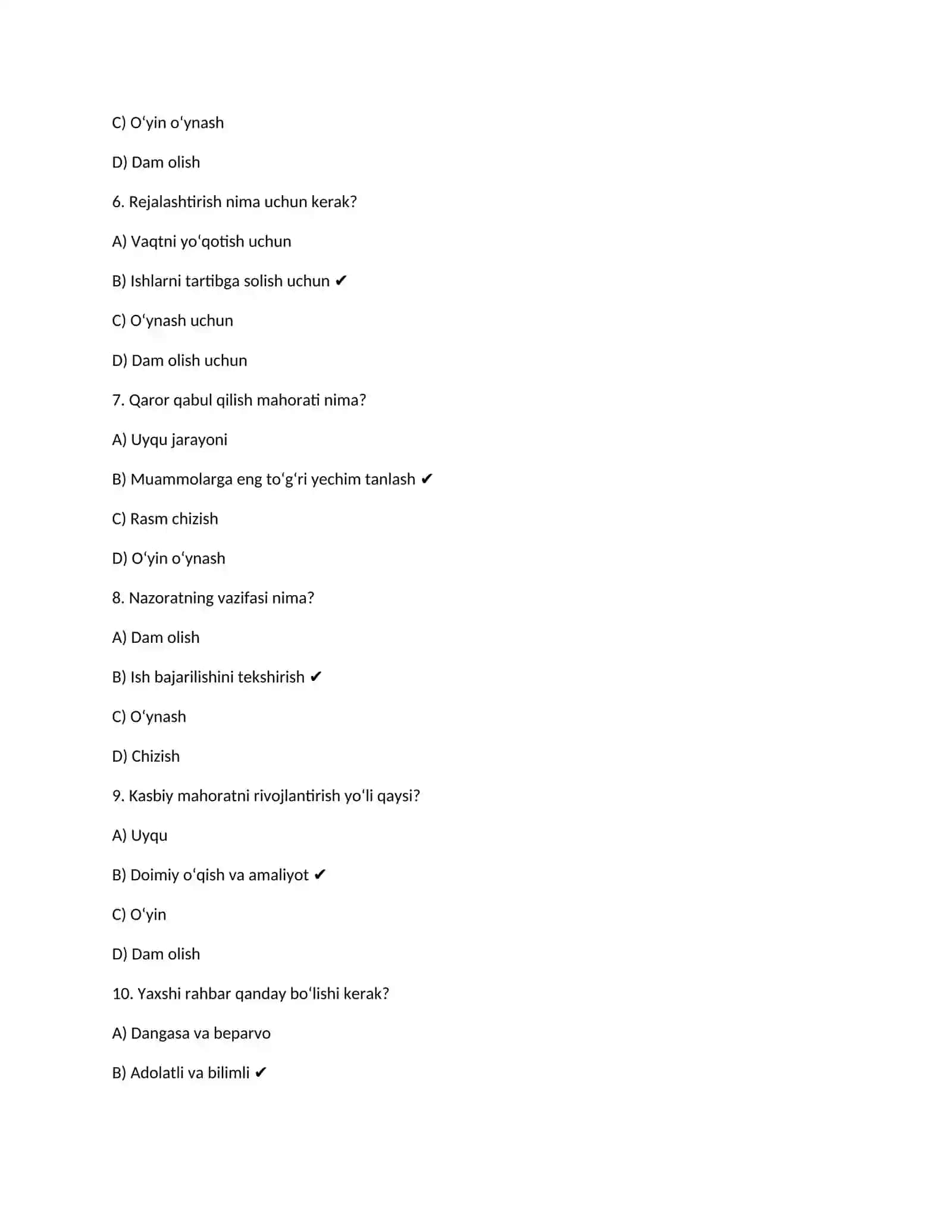 "Boshqaruv kasbiy mahorat sifatida” Test 2