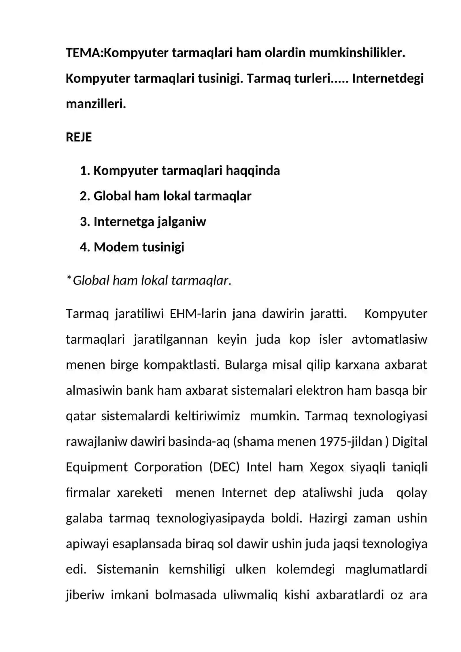 Axbarat texnologiyalari hám processlerin matematik modellestiriw páninen Ózbetinshe jumisi 2