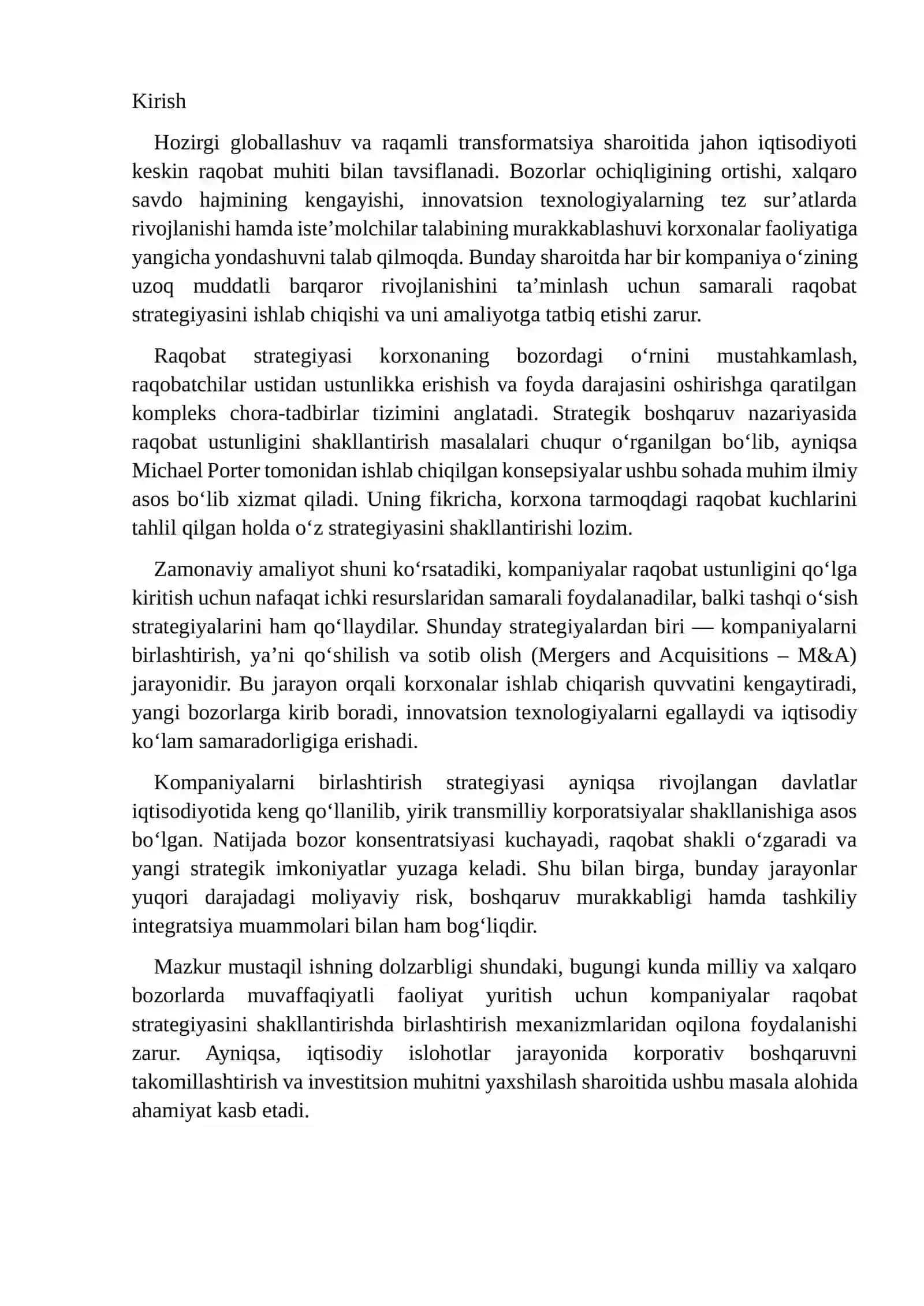 Raqobat strategiyasini shakllantirishda kompaniyalarni birlashtirishning samaradorligi 2