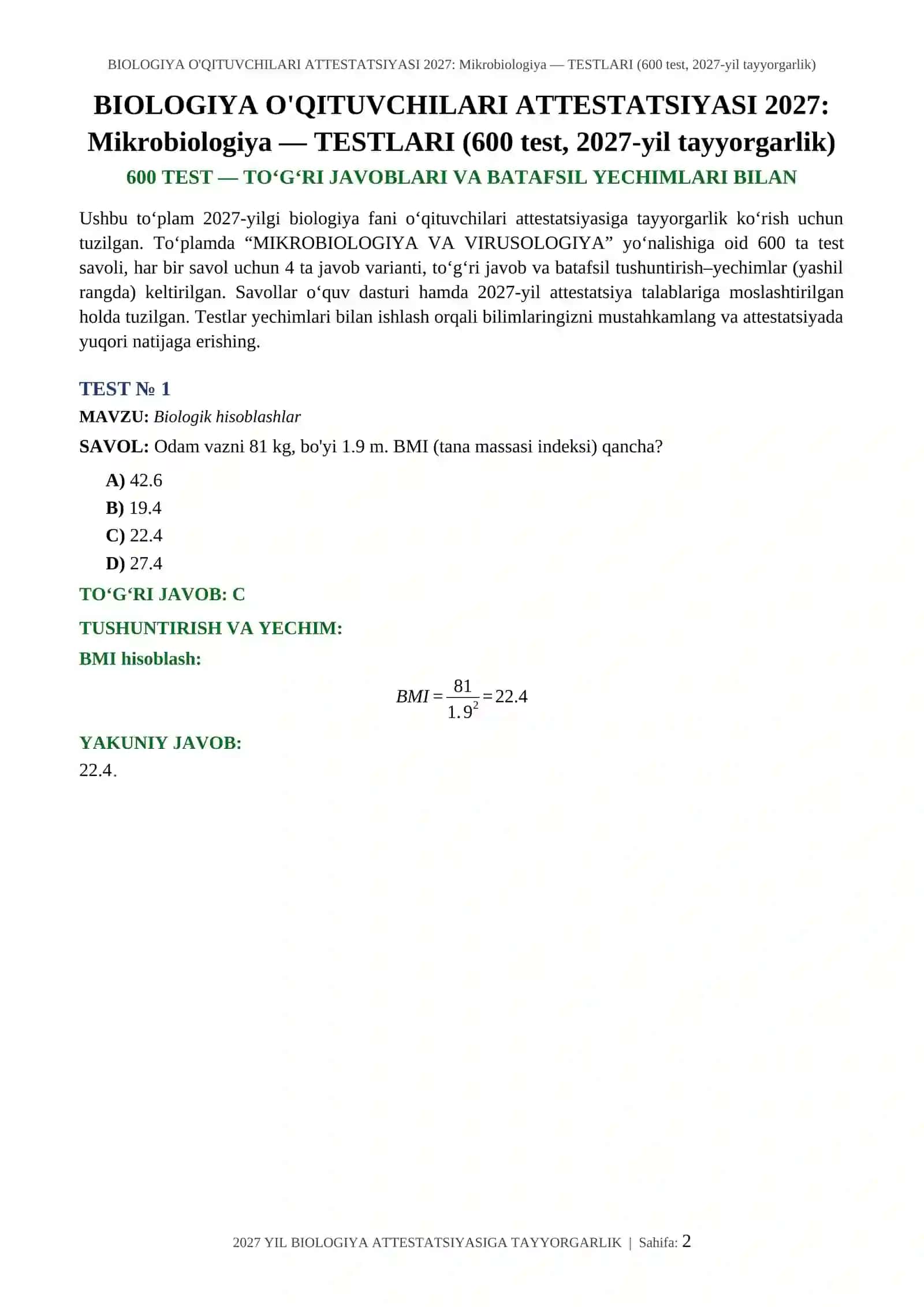 BIOLOGIYA O'QITUVCHILARI ATTESTATSIYASI 2027: Mikrobiologiya — TESTLARI (600 test, 2027-yil tayyorgarlik) 2