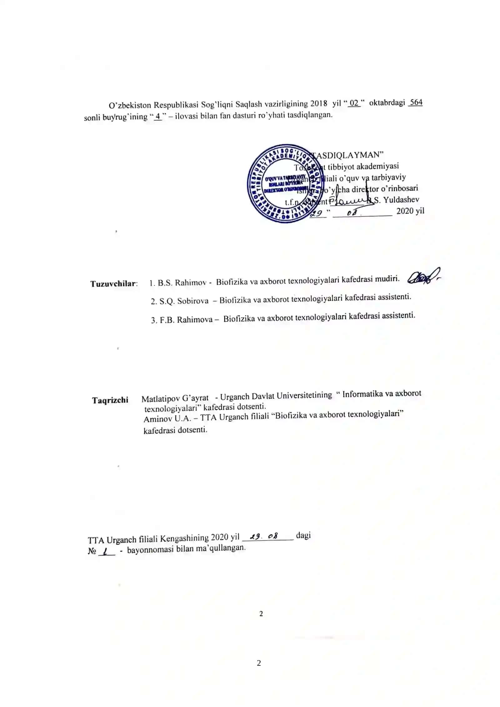 TIBBIYOTDA AXBOROT TEXNOLOGIYALARI FANIDAN O’QUV- USLUBIY MAJMUA 2