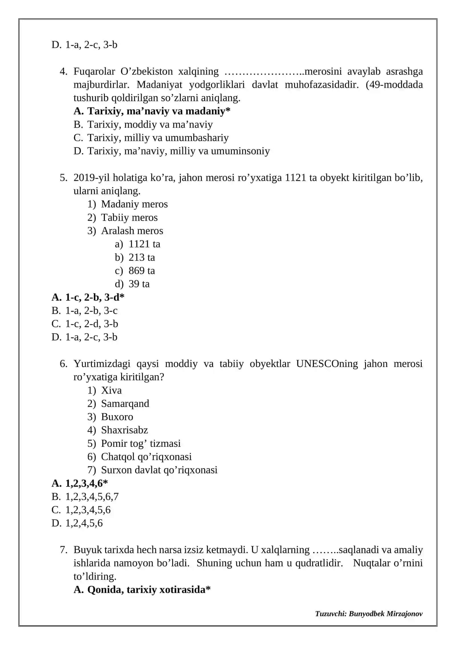 5-sinf “Tarbiya” fanidan test 2