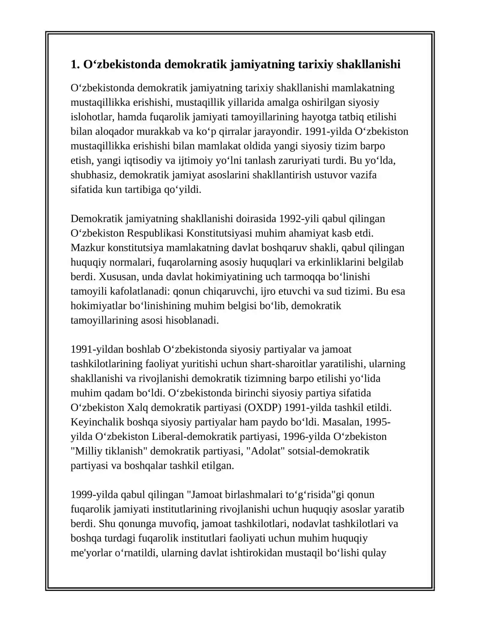 O‘ZBEKISTONDA DEMOKRATIK, FUQAROLIK JAMIYATI ASOSLARINING SHAKLLANISHI, AMALGA OSHIRILGAN SIYOSIY ISLOHOTLAR 2