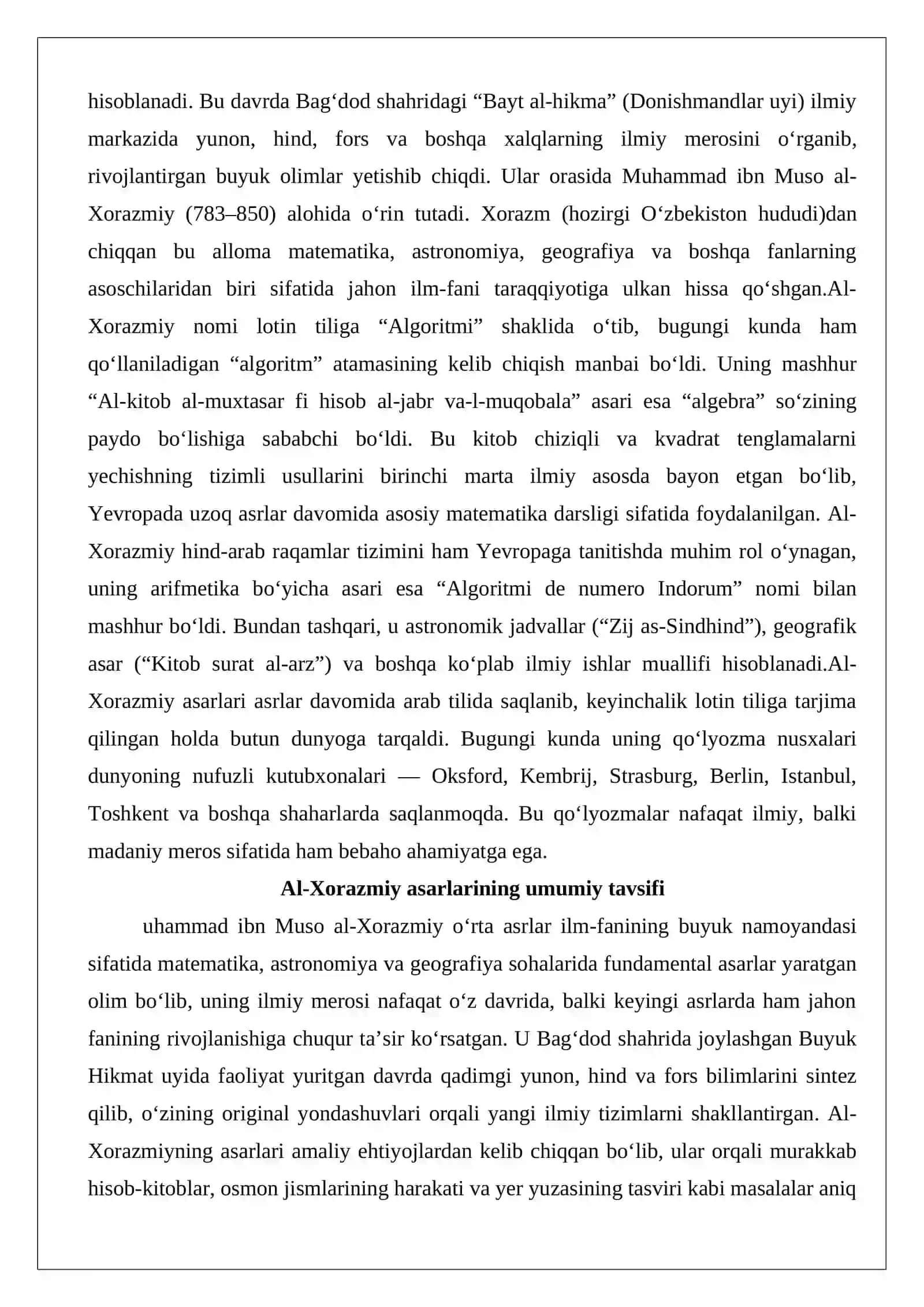 Muhammad ibn Muso al-Xorazmiy (783-850) asarlarining roʻyxatini tuzish hamda ularning bugungi kunda saqlangan makonlari 2