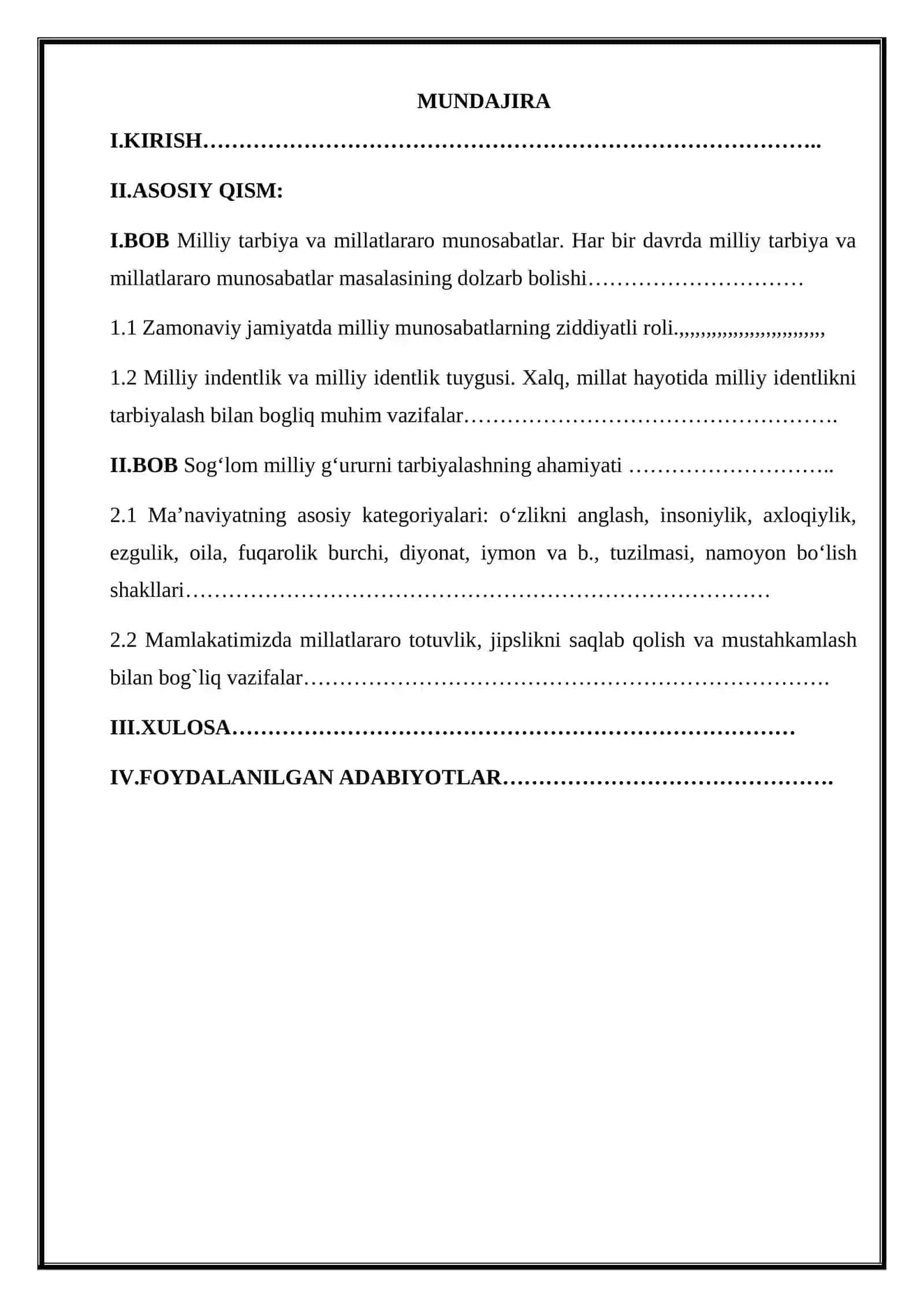 “Xalq millat hayotida milliy identlikni tarbiyalash bilan bog‘liq muhim vazifalar” mavzusidagi KURS ISHI 2