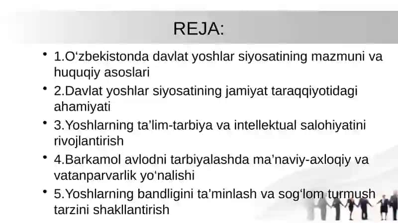 O’zbekistonda yoshlar siyosati va uning ahamiyati.Barkamol avlodni tarbiyalashning asosiy yo’nalishlari 2