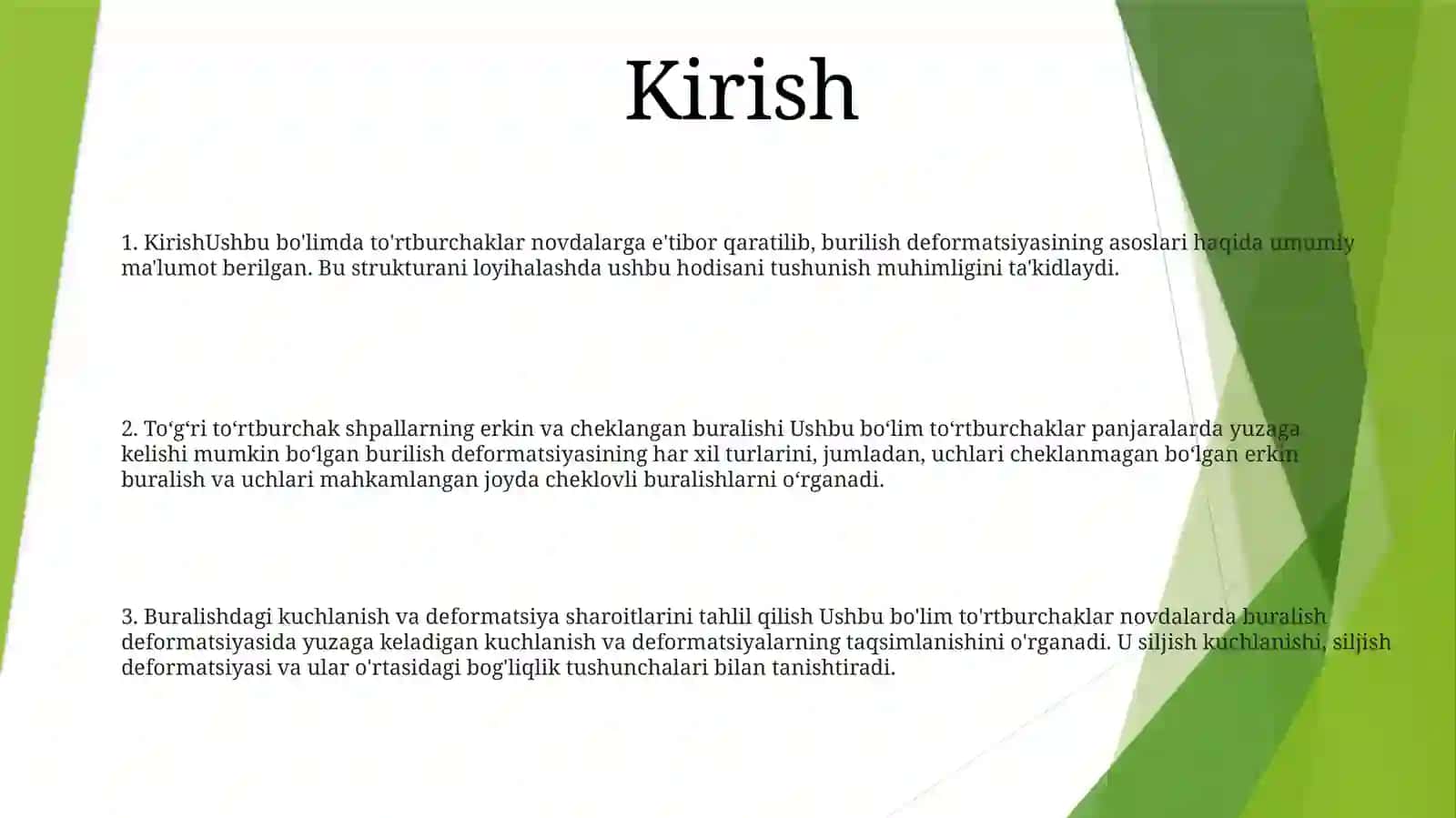 Buralish Deformatsiya.ToʻGʻRi ToʻRtburchak Sterjenlarning Erkin Va Erkin BoʼLmagan Buralishi.Buralishda Kuchlanganlik Va Deformatsiya Holatlarining Tahlili 2