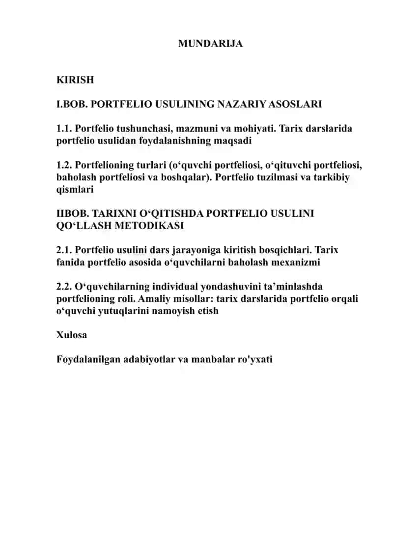 Portfelio usuli va uning afzalliklari Kurs ishi 2