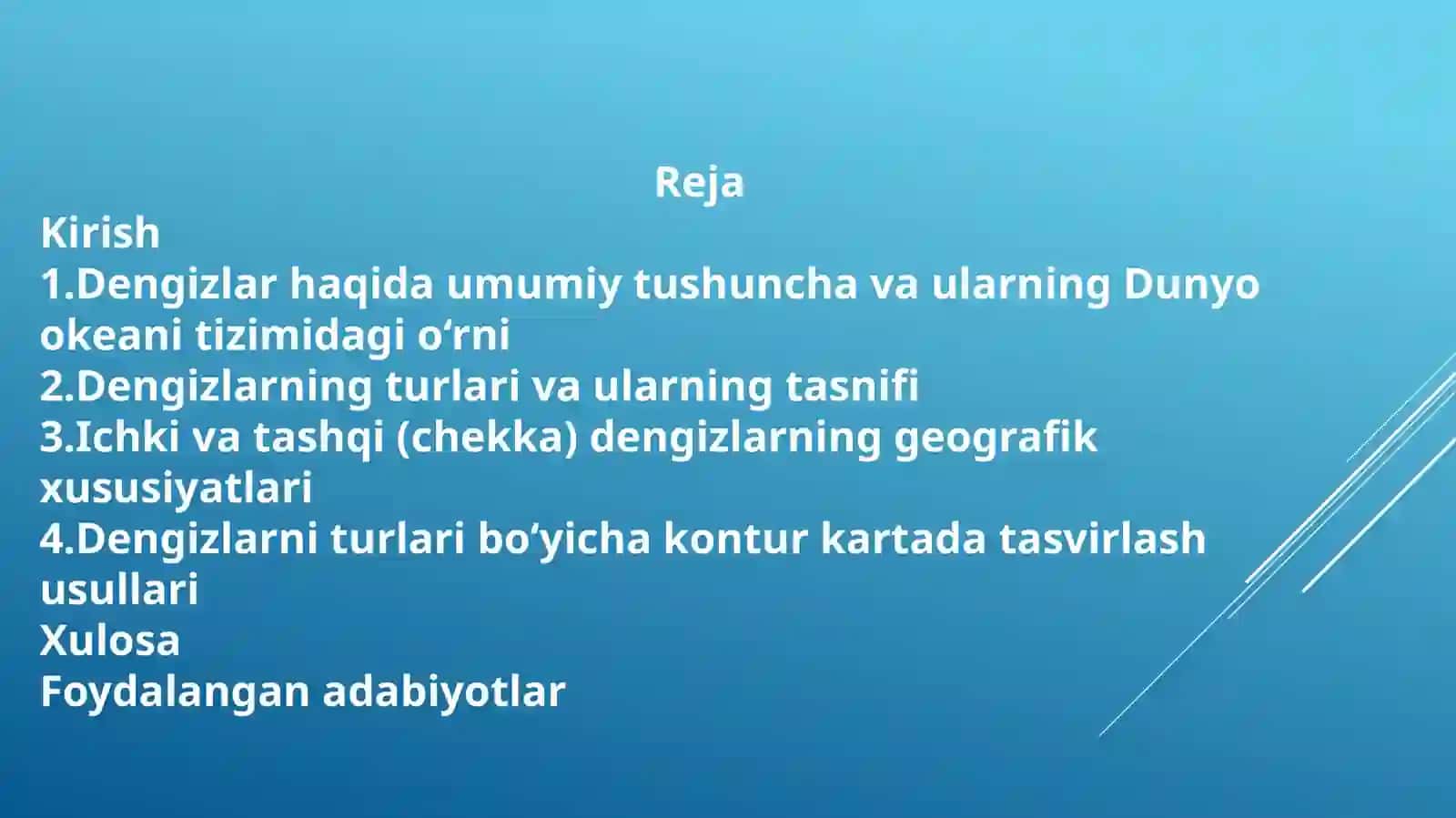 Dengizlar. Uning turlari. Ichki va tashqi dengizlar. Dengizlarni turlari bo'yicha kontur kartada tasvirlash. 2