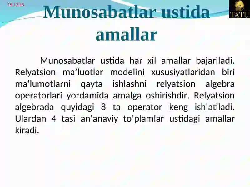 Relyatsion algebra va relyatsion hisobot elementlari 2