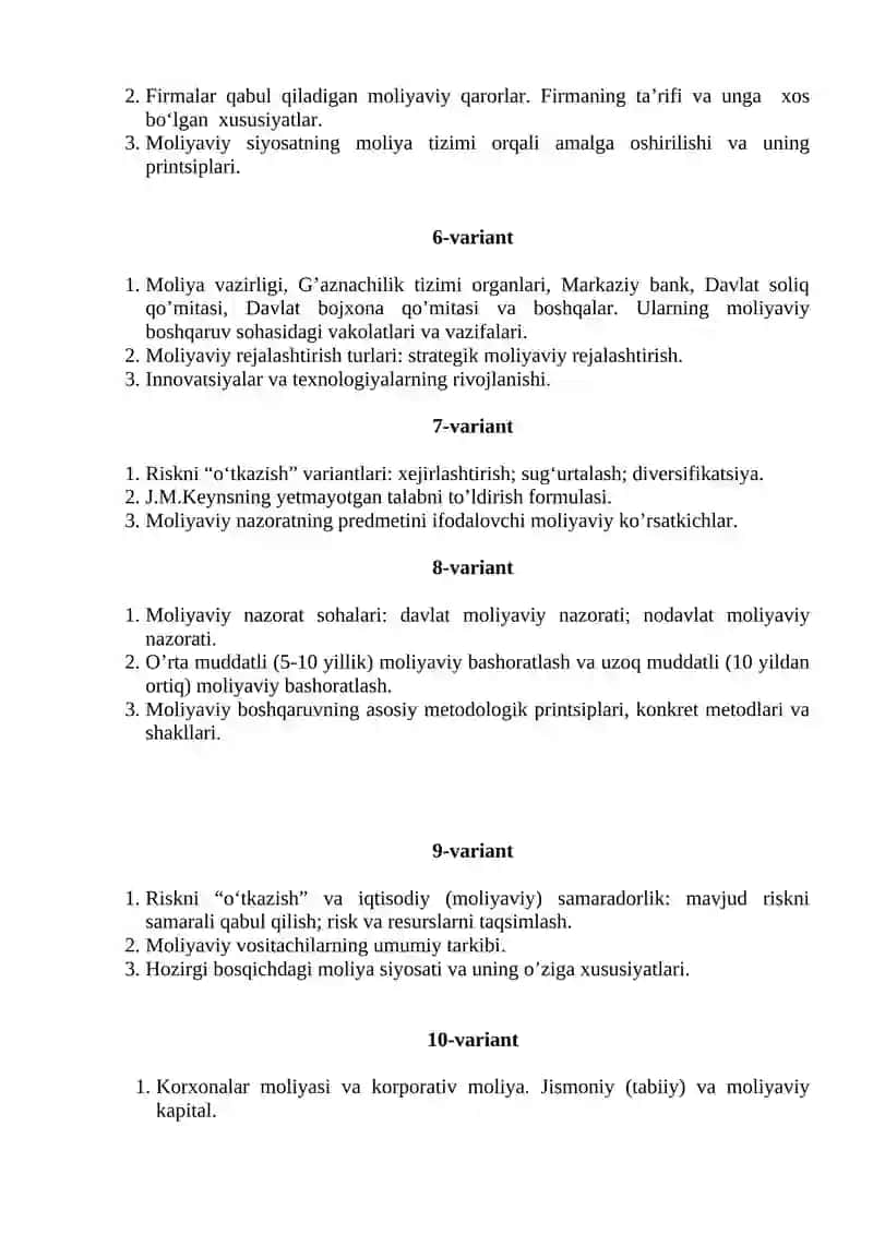 "MOLIYA" FANIDAN YAKUNIY NAZORAT VARIANTLARI 2