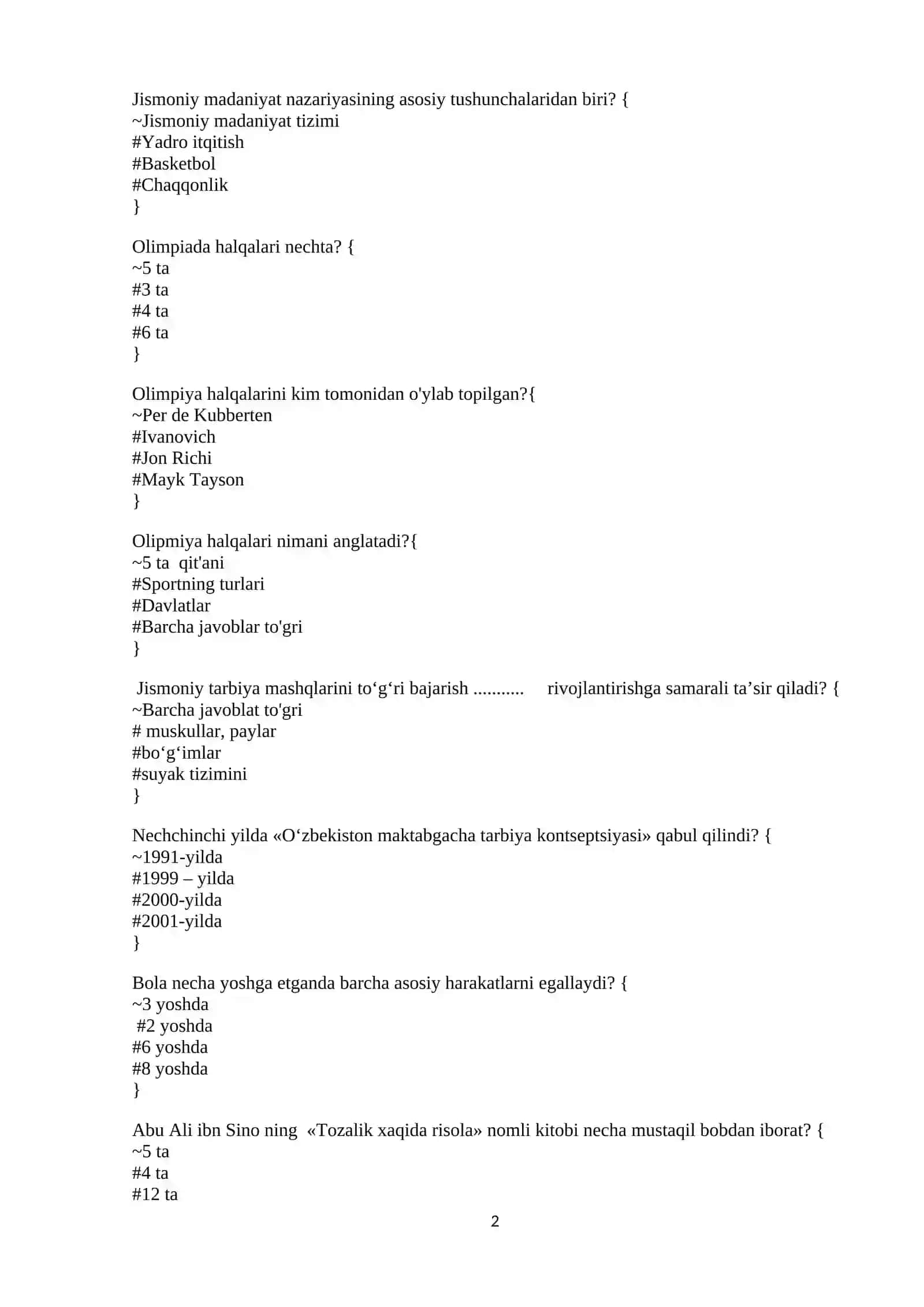 Jismoniy tarbiya nazariyasi va metodikasi fanidan TEST 2