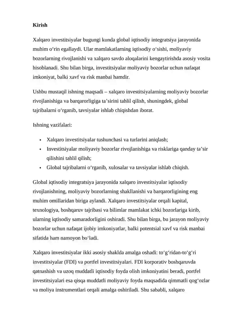 Xalqaro investitsiyalar va ularning moliyaviy bozorlariga ta’siri 2