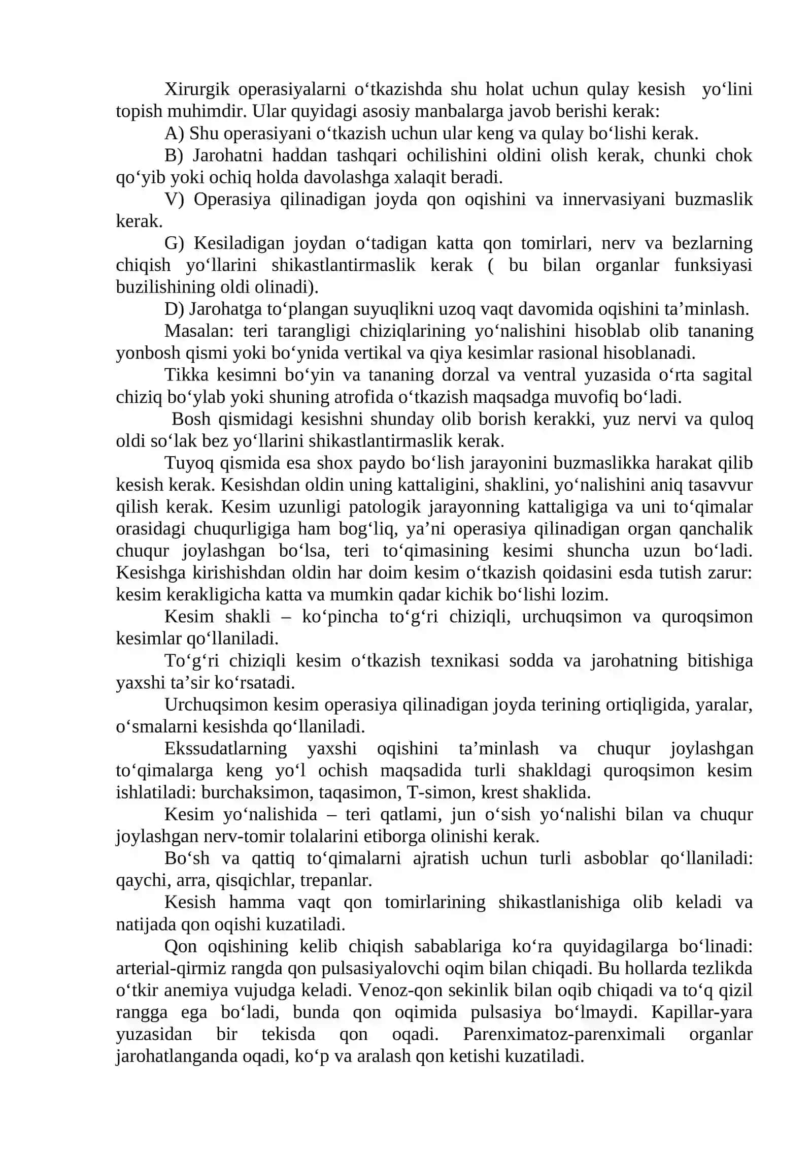 XIRURGIK OPERATSIYA ELEMENTLARI VA TO‘QIMALARNI AJRATISH. QON OQISHINI TO‘XTATISH 2