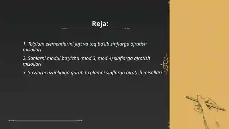 To'plamlarni sinflarga ajratish oid misollar 2
