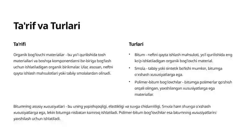 Organik Bog'lovchi Materiallar Yo'l Qurilishida Qo'llanilishi 2