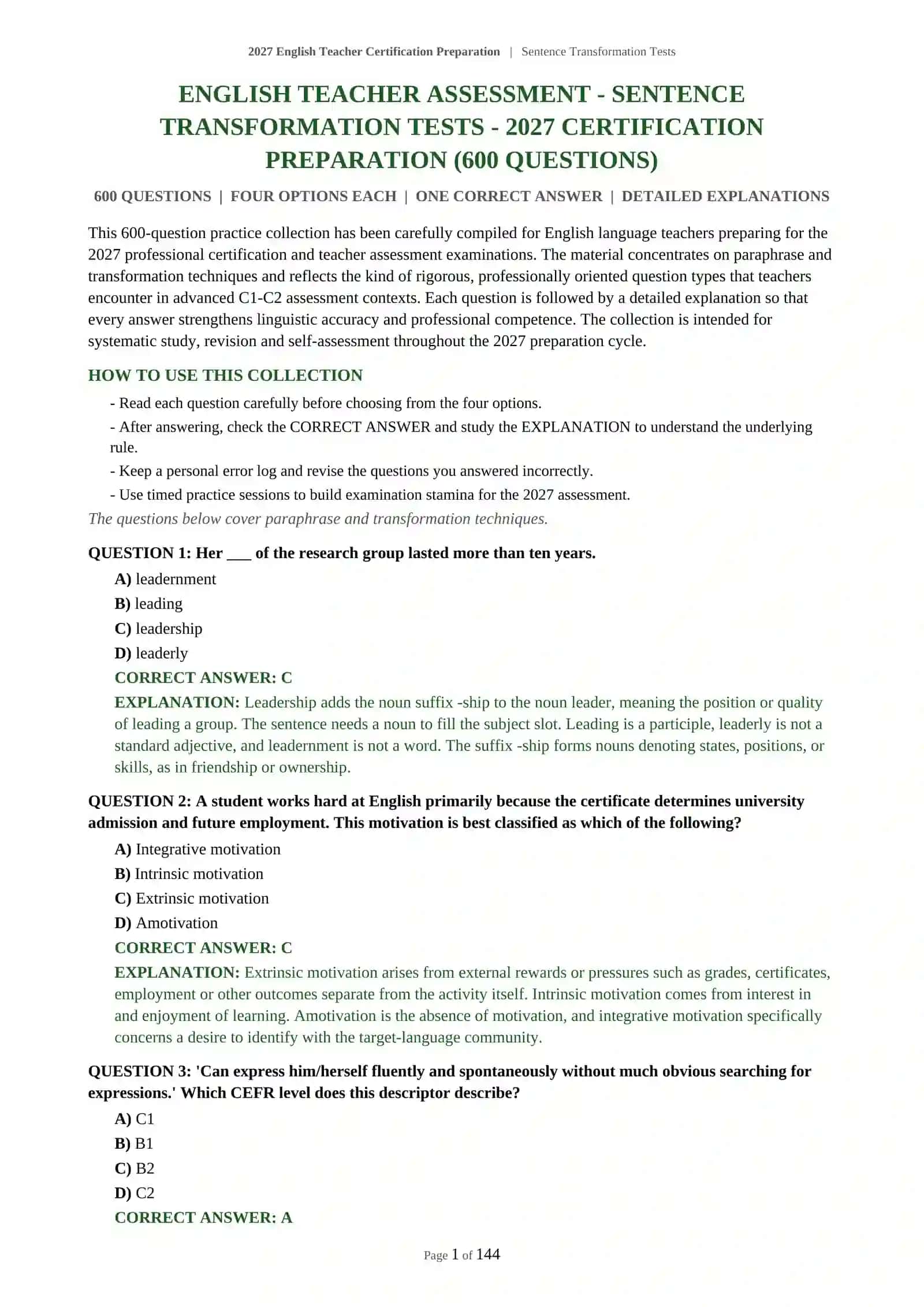 2027 English Teacher Certification Preparation | Sentence Transformation Tests 2