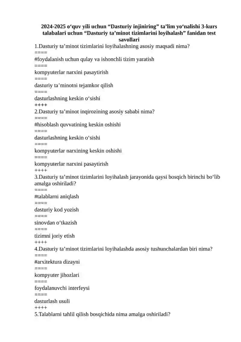 Dasturiy taʼminot tizimlarini loyihalash fanidan savollari 2