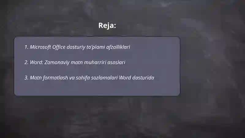 Zamonaviy matn muharriri Microsoft Office, Power point, exsel dasturiy taminoti 2