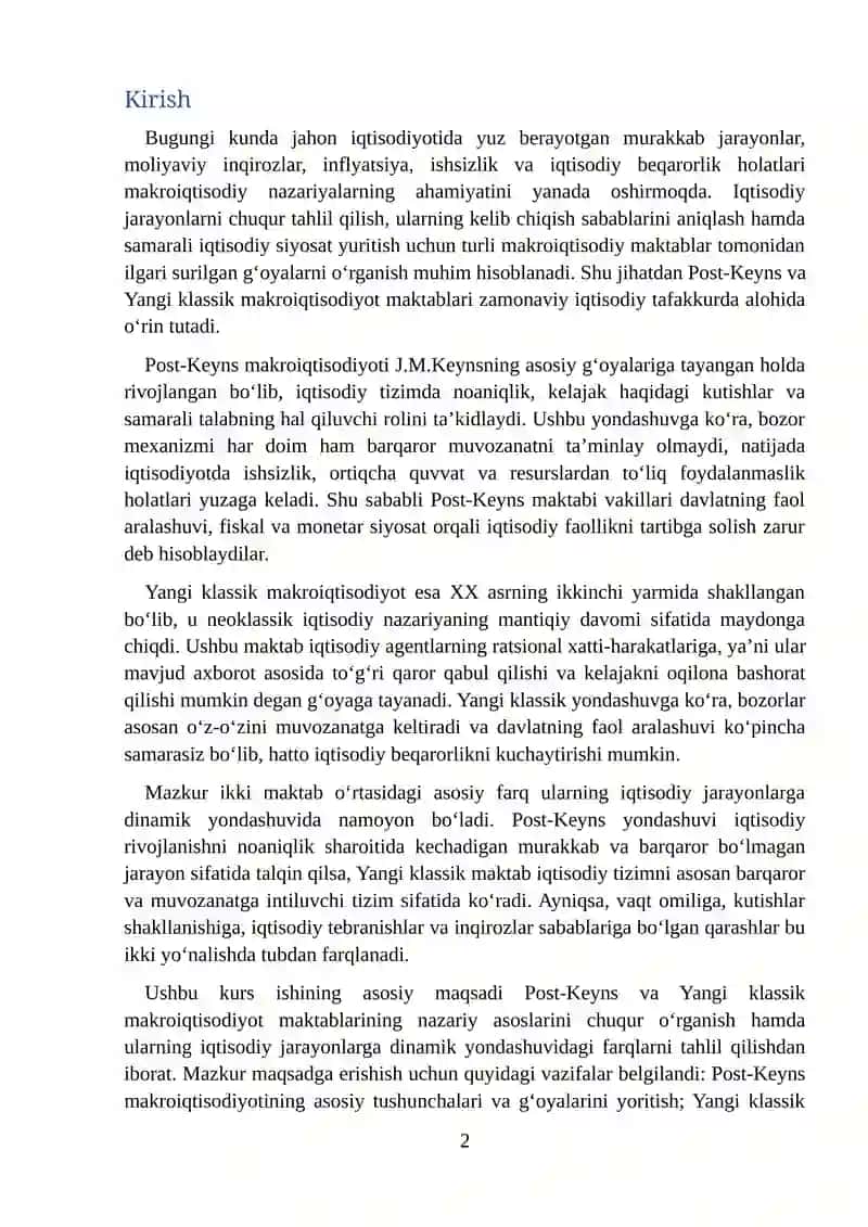 Post-Keyns va Yangi klassik makroiqtisodiyotning dinamik farqlari 2