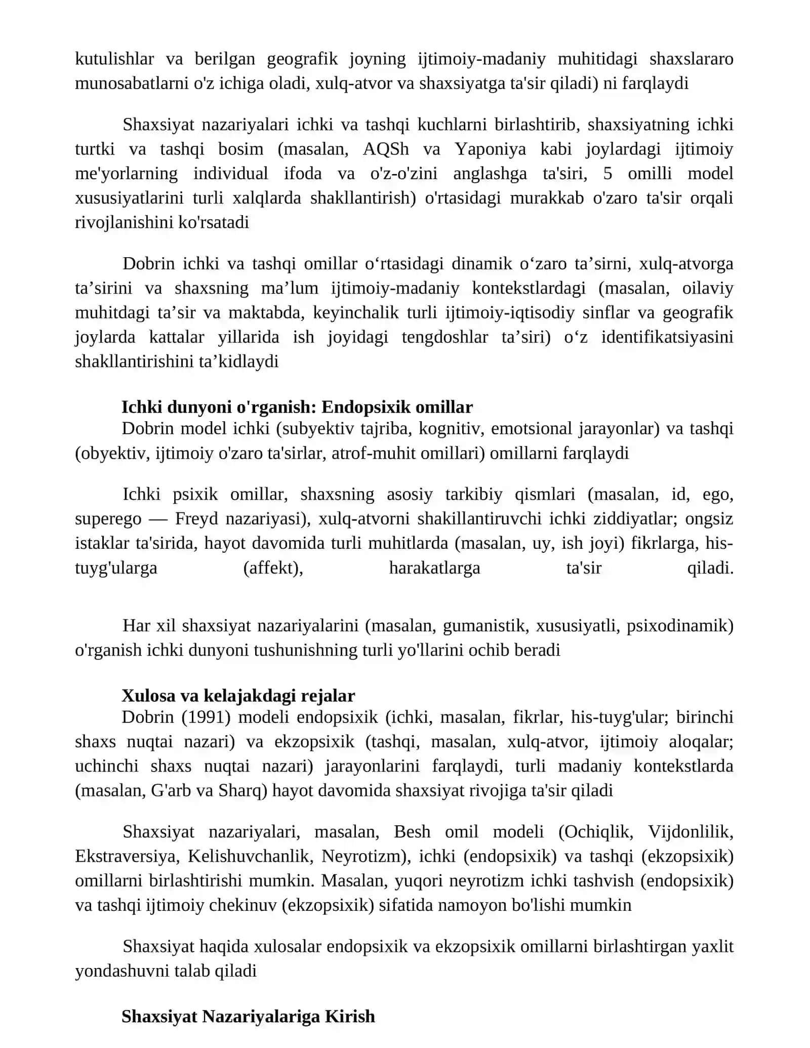 Shaxs nazariyalari. Endopsixika, egzopsixika. Dobrinning psixika haqidagi qarashlari 2