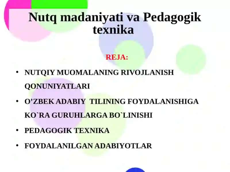 Pedagogik texnika. Pedagogikani shakllantirish metodikasi. Nutq madaniyati va texnikasi 2