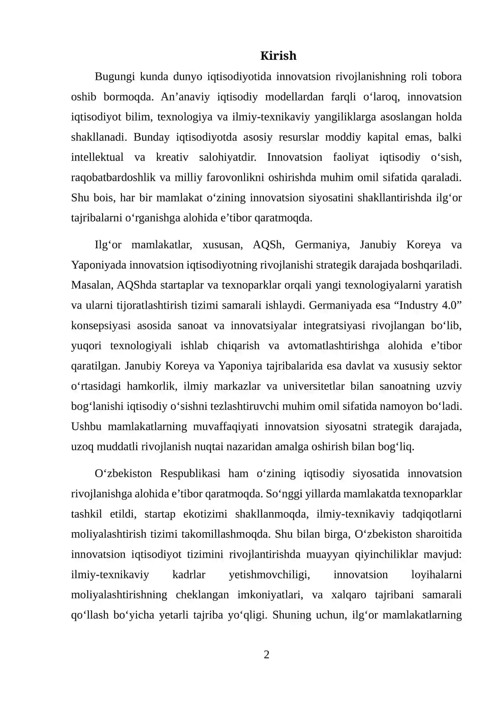 INNOVATSION IQTISODIYOTDA XALQARO TAJRIBA: ILG‘OR MAMLAKATLAR TAHLILI 2