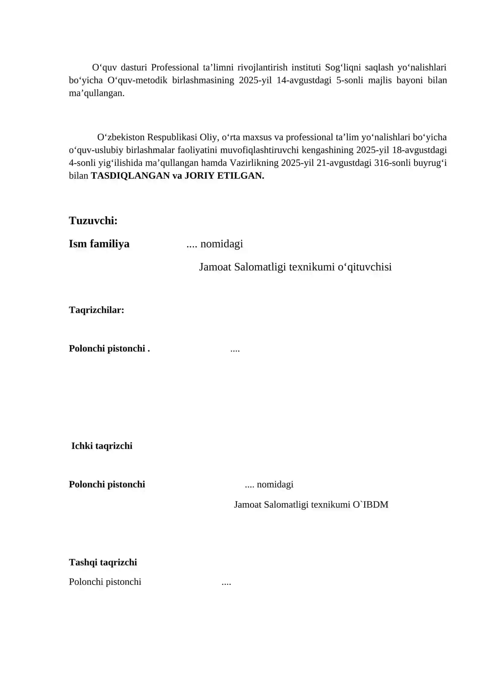 Farmatsiya kasbi boʻyicha Valeologiya fanidan ISHCHI DASTUR 2