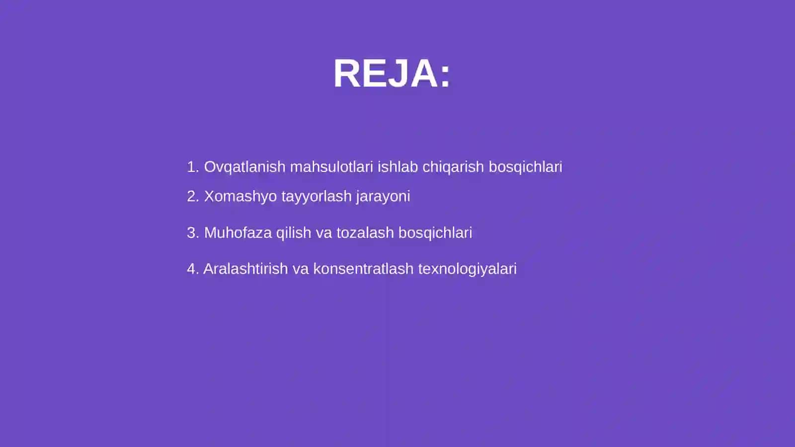 Ovqatlanish mahsulotlarni ishlab chiqarish bosqichlari va Texnologik jarayonlarini tashkil etish 2