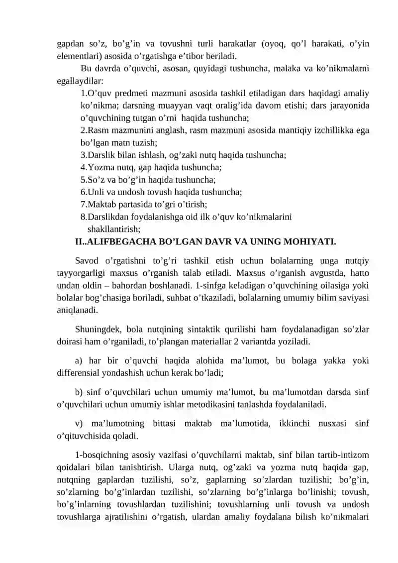 4-Mavzu: Savod o‘rgatish jarayoni bosqichlari. Savod o‘rgatishda tayyorlov davri, bu bosqichdagi o‘qish va yozuv darslarining mavzulari hamda ish turlari. 2