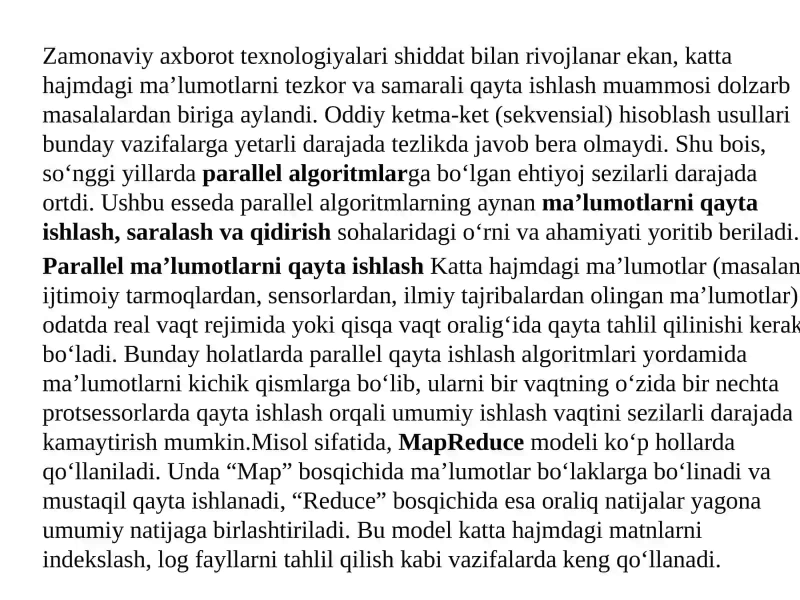 Parallel algoritmlar va shablonlar Parallel algoritmlarni yaratish va tahlil qilish, shuningdek, umumiy parallel dasturlash shablonlari oʻrganiladi. Maʼlumotlarni qayta ishlash, saralash va qidirish uchun parallel algoritmlar 2