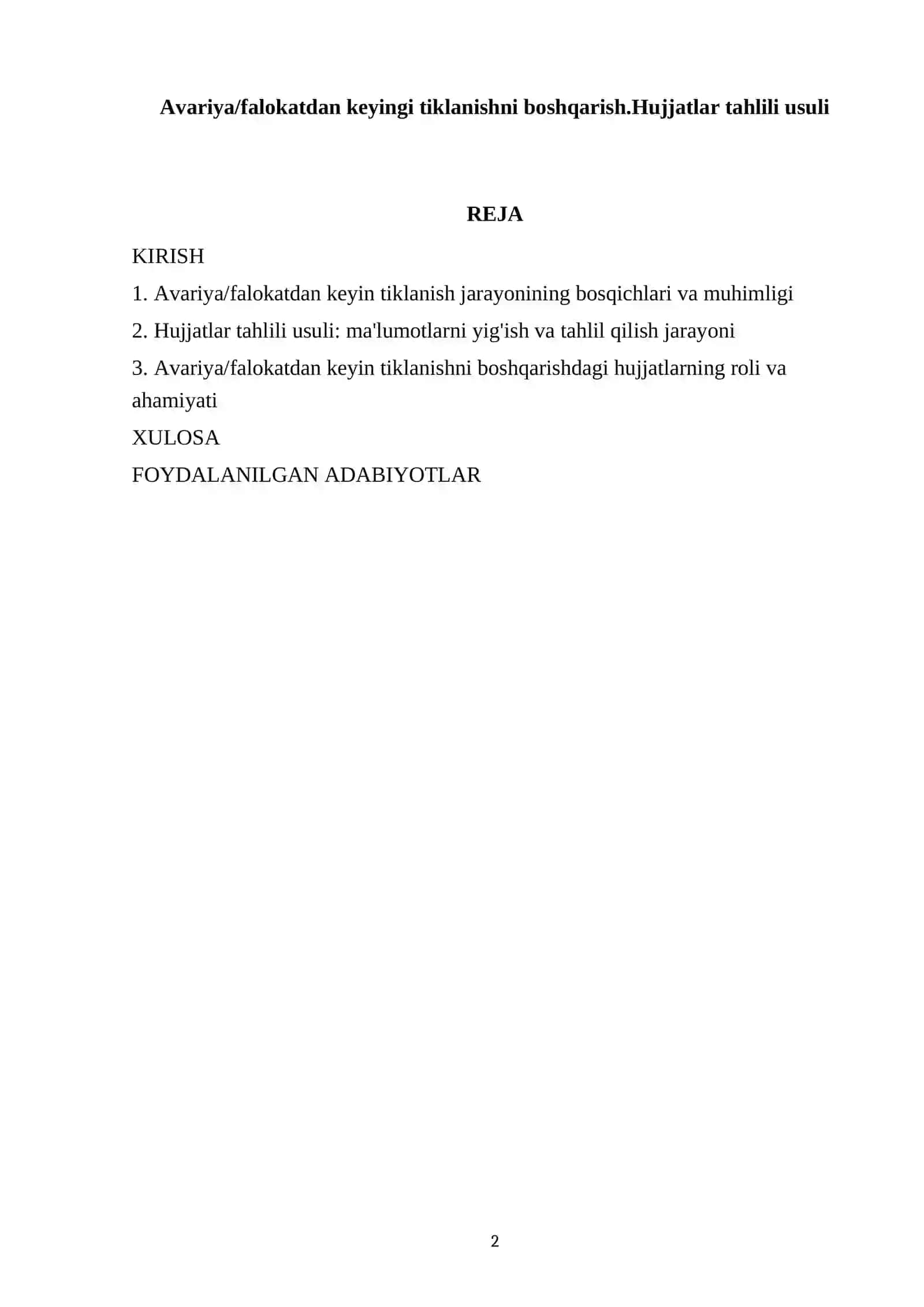 Avariya/falokatdan keyingi tiklanishni boshqarish.Hujjatlar tahlili usuli 2