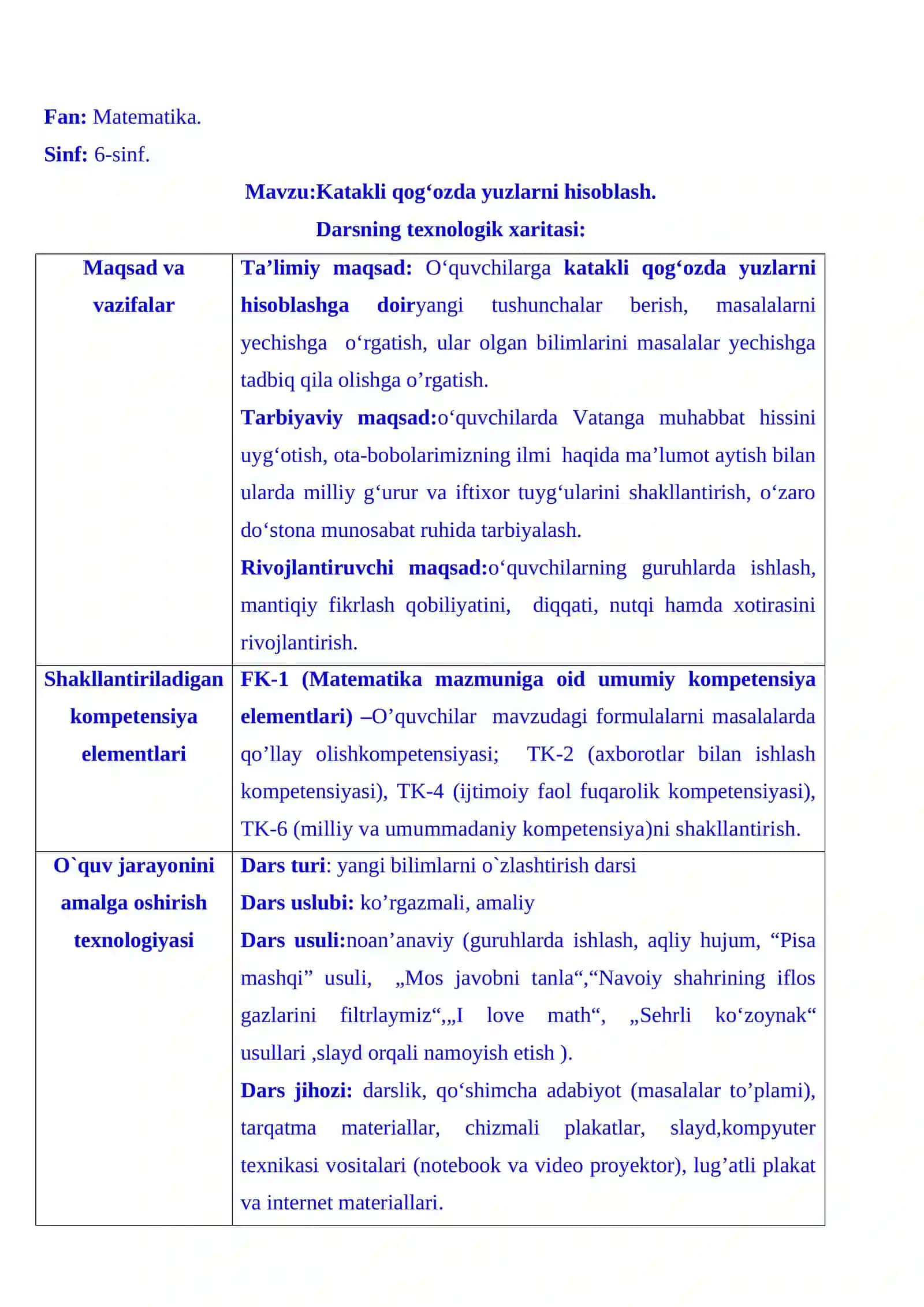 6-sinf Matematika fanidan Katakli qog'ozda yuzlarni hisoblash ochiq dars ishlanmasi 2