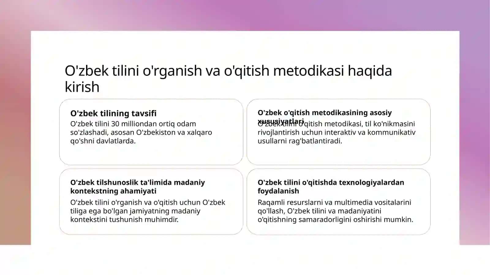 O'zbek tili o'qitish metodikasi va tilshunoslik munosabatlari. 2