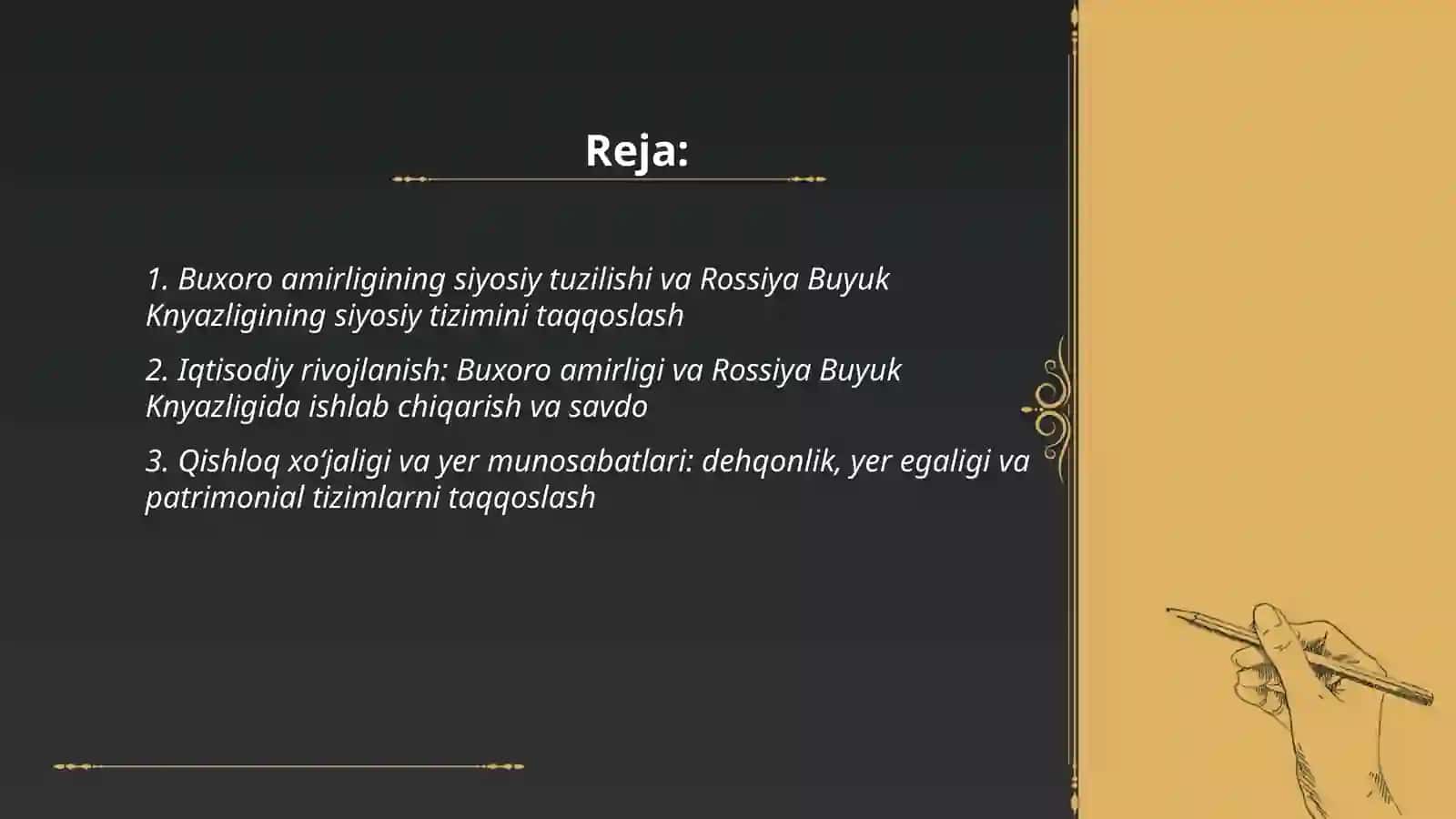 Buxoro amirligi taraqqiyoti va shu davrda Rossiya buyuk knyazligi taraqqiyoti bilan taqqoslash 2
