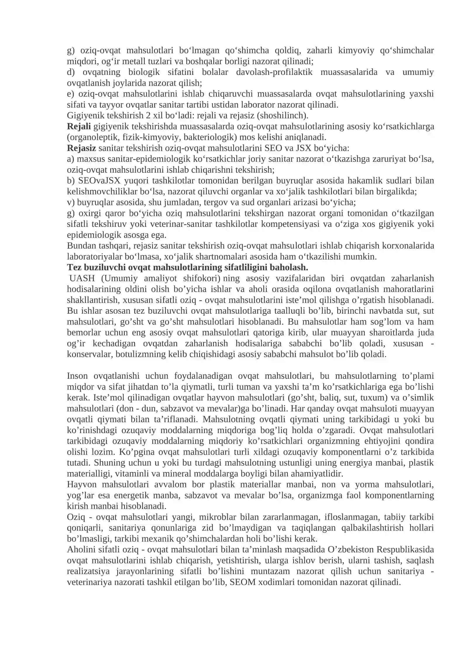 Ovqat mahsulotlarining sifatini gigiyenik baholash. Ovqatdan zaharlanishlar va ularni oldidni olish 2