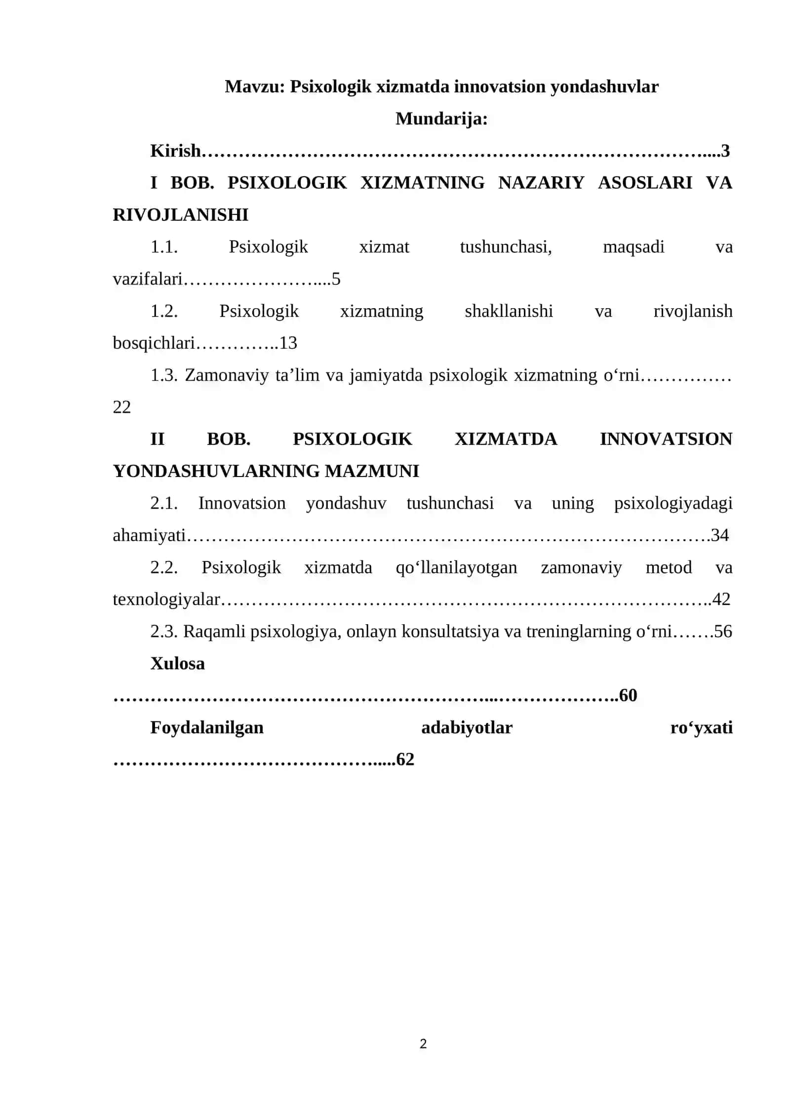 Psixologik xizmatda innovatsion yondashuvlar. 2