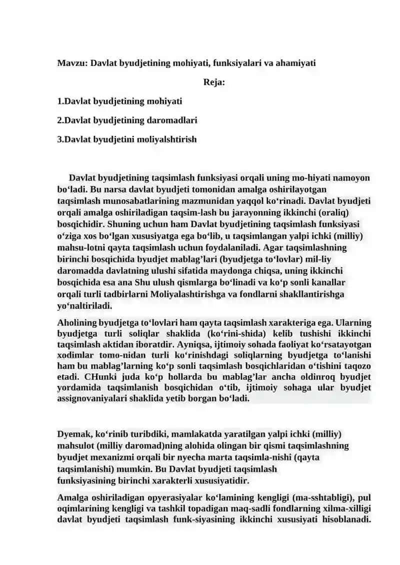 Davlat byudjetining mohiyati, funksiyalari va ahamiyati 2