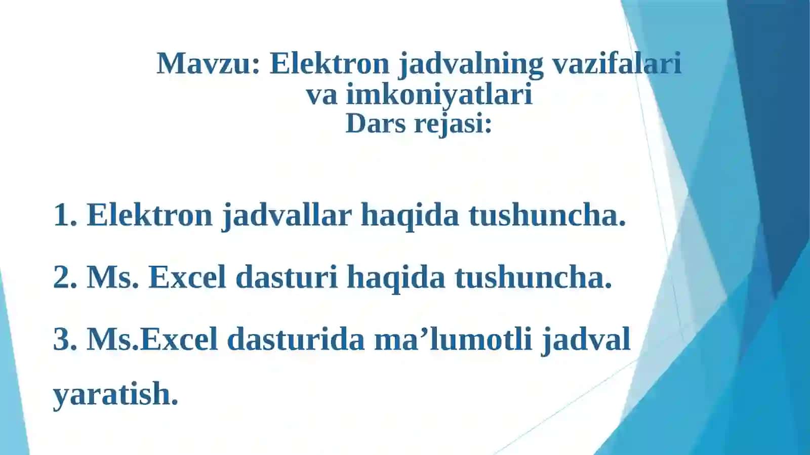 Elektron jadvalning vazifalari va imkoniyatlari ochiq dars 2