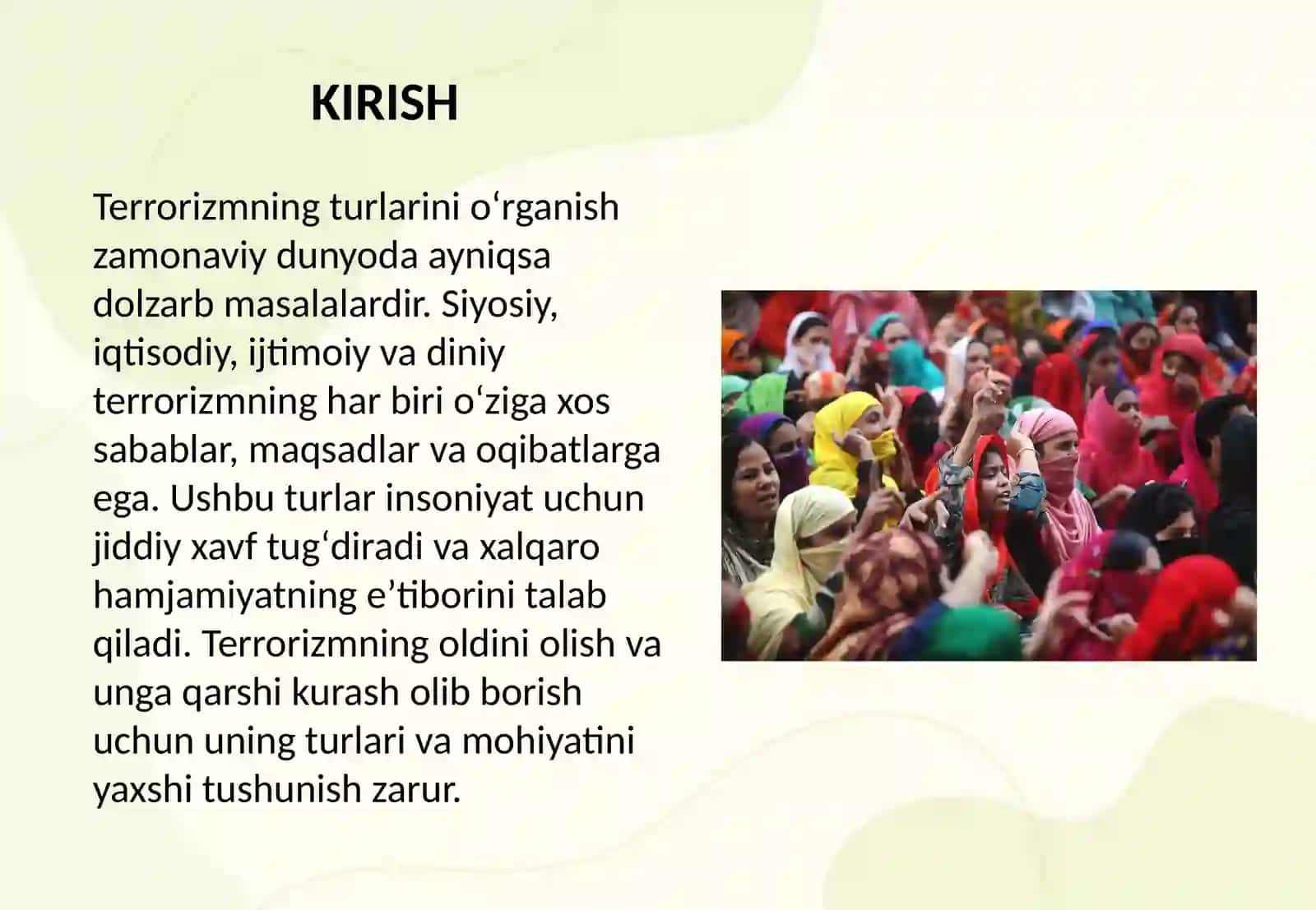 Terrorizmning turlari (siyosiy, iqtisodiy, ijtimoiy, diniy). 2