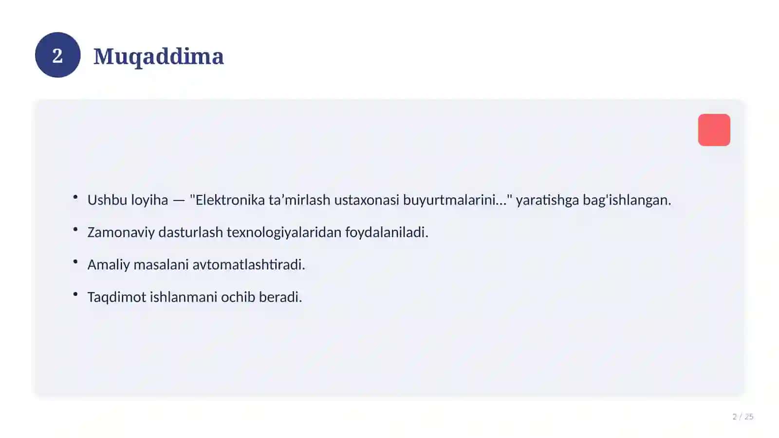 Elektronika ta’mirlash ustaxonasi buyurtmalarini boshqarish dastur ilovasi 2
