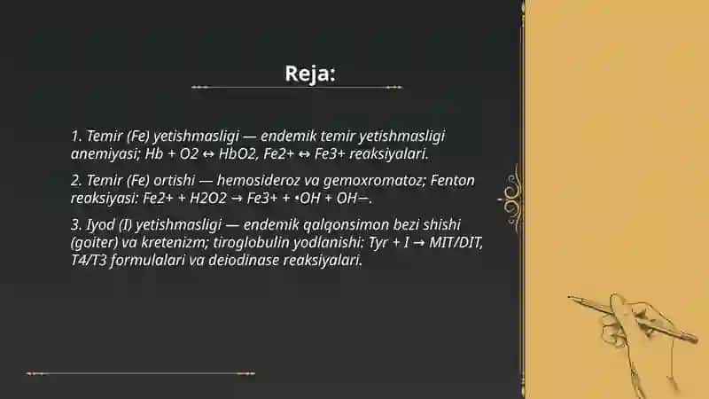 Biogen elementlar konsentratsiyasi oʻzgarishi bilan bogʻliq boʻlgan endemik va kasb kasalliklari (formula va reaksiyalar bilan boʻlsin) 2
