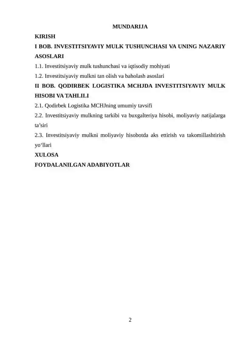 Investisiyaviy mulkning tarkibi, tan olish, baholash va moliyaviy hisobot 2