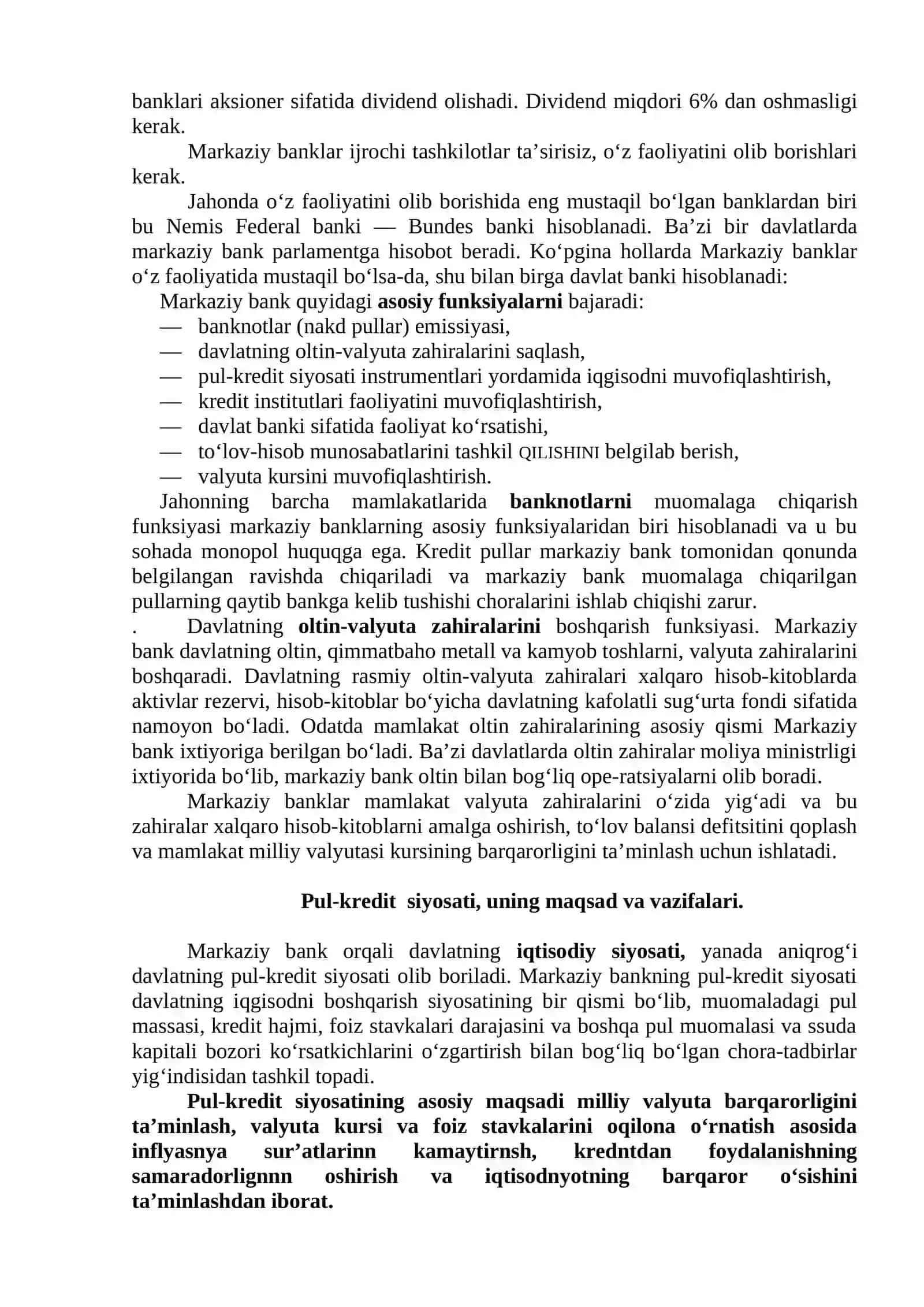 O‘zbekiston Respublikasi Markaziy banki, uning asosiy vazifalari va funksiyalari 2